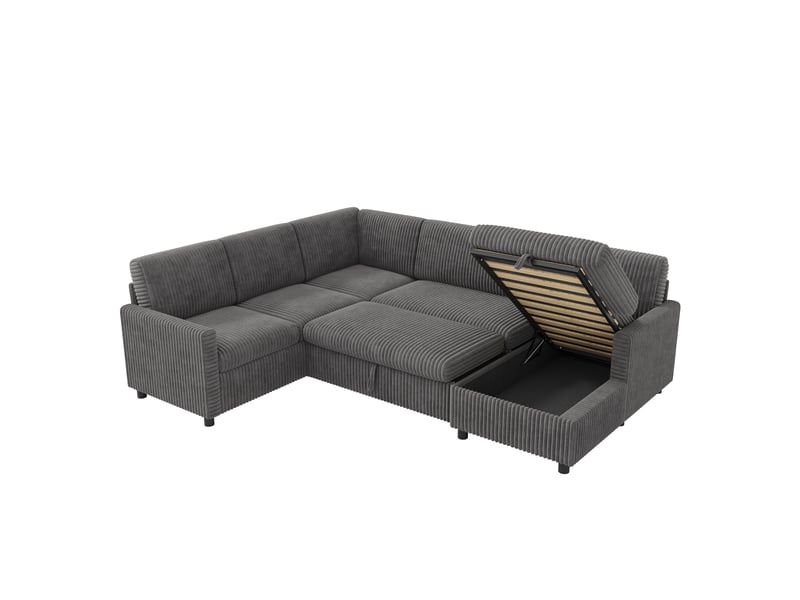 Canapé d'angle convertible en u, grand canapé en velours côtelé gris, lit d'appoint avec méridienne et coffre pour salon, 274x220 cm - Conforama A