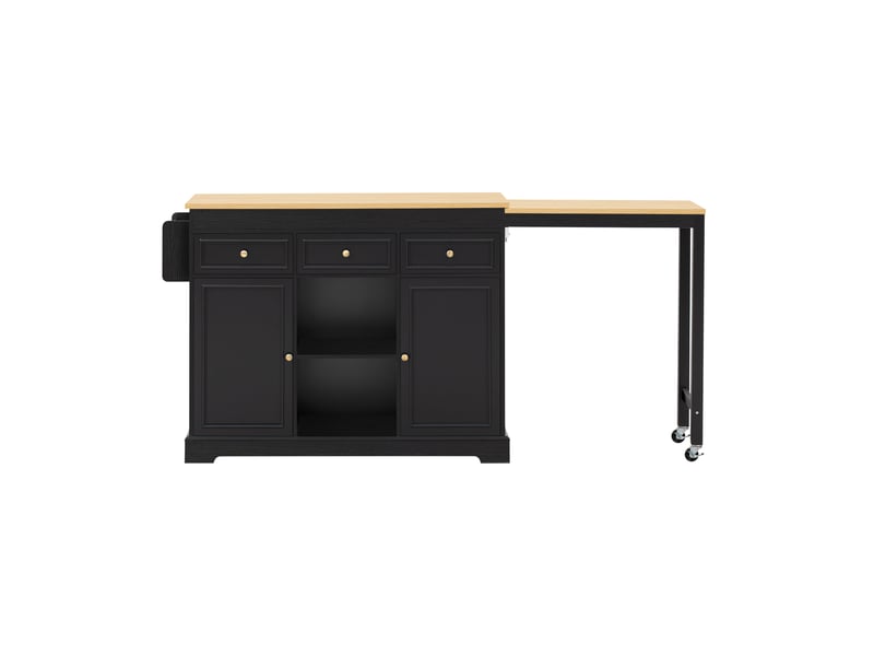  Îlot de cuisine sur roulettes noir avec plan de travail extensible, étagère à épices et tiroirs, 112-188x45x92 cm  - Conforama A