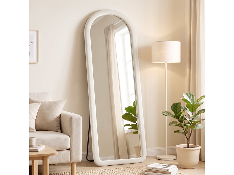  Miroir de sol arqué pleine longueur 160x60cm, grand miroir sur pied ou mural, cadre effet velours, verre trempé, crème  - Conforama C