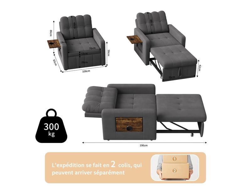  Fauteuil 1 place 108cm - lit convertible canapé en chenille avec table pliante, 5 positions et rangement - gris foncé  - Conforama E