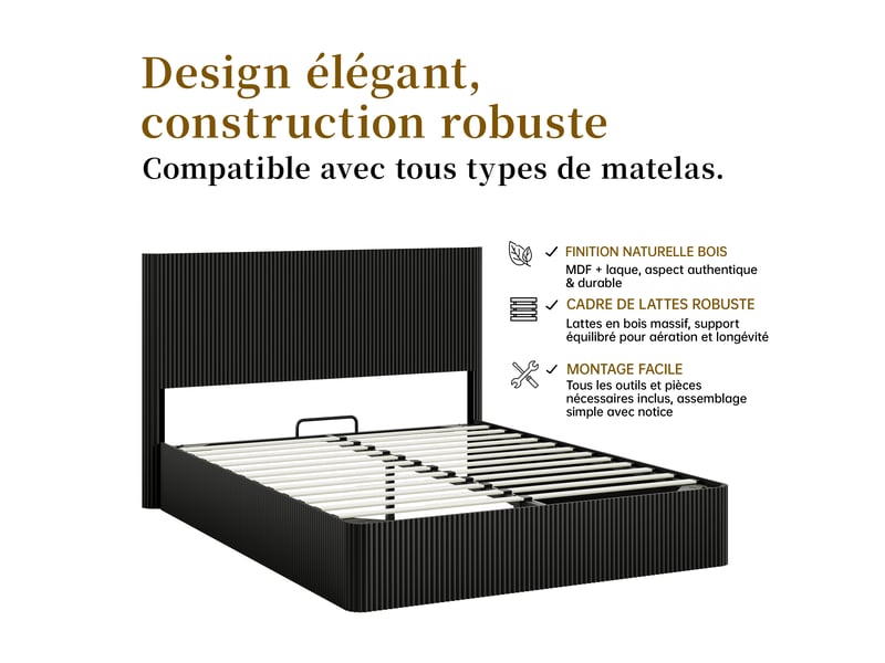  Lit coffre double 160×200 cm avec rangement relevable - okmyhome- sans matelas, mdf et métal en noir  - Conforama E