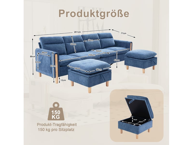  Canapé modulable en u 4 places bleu en tissu, 2 poufs de rangement et pieds en bois pour le salon familial  - Conforama C