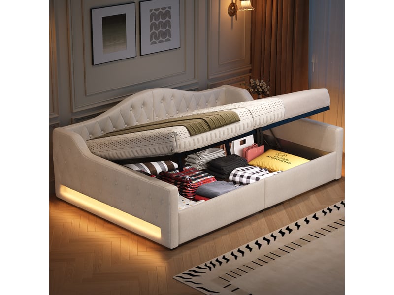  Lit jour avec rangement et bandeau led en mdf contreplaqué et lin beige 140x20  - Conforama B