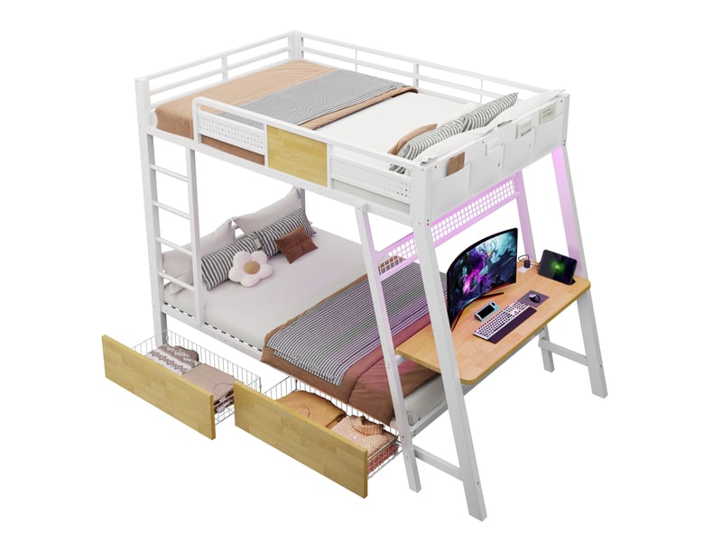  Lit superposé 90x200 cm, espace de rangement, avec bureau intégré, led et rangements, mdf et métal, blanc, sans matelas  - Conforama A