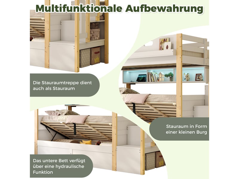  Lit superposé 90x200 cm avec escalier rangement et lit coffre hydraulique blanc  - Conforama E