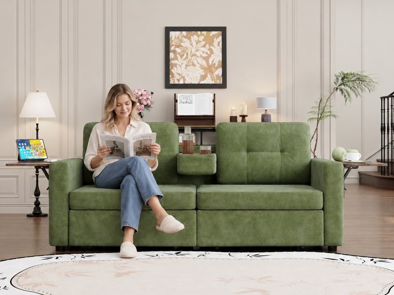 Canapé droit, 2 places, avec 2 compartiments de rangement et assise réglable, porte-boissons, 178 x 71 x 57 cm, vert  - Conforama B