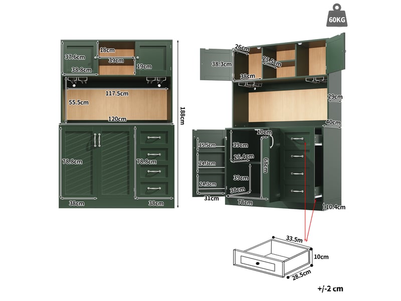  Buffet de cuisine vert en mdf avec led, 4 portes, 2 grands tiroirs et porte-verres, rangement spacieux  - Conforama C