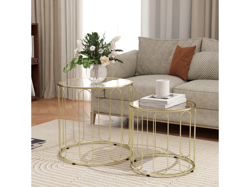  Lot de 2 tables basses gigognes rondes aosenyunzhou plateau verre et métal doré bout de canapé salon T1003-01-10803 - Conforama D