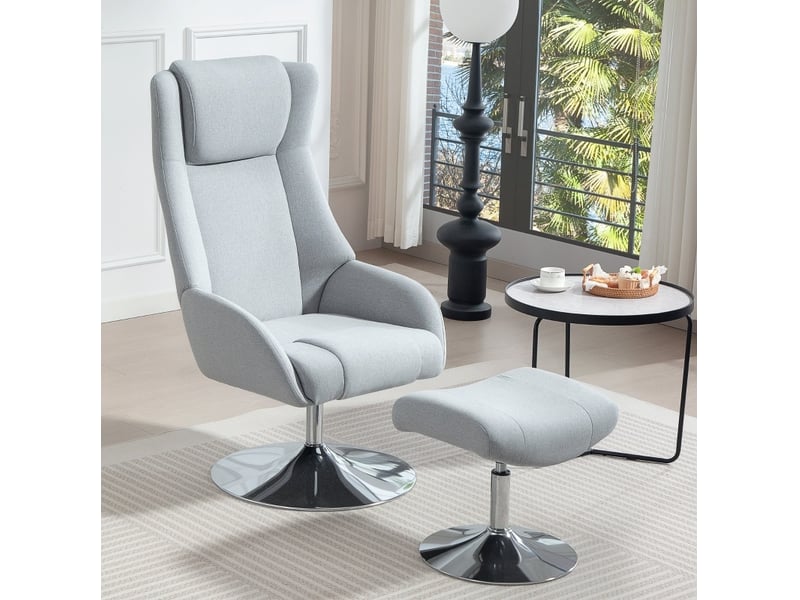  Fauteuil relax inclinable pivotant 360° gris avec repose-pieds, tissu respirant et base métal pour le salon  - Conforama B
