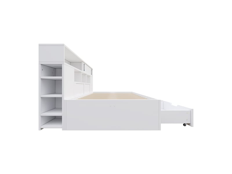 Lit banquette 140x200 cm blanc avec tiroirs, étagères et coffre intégré – parfait pour adulte, sans matelas - Conforama E