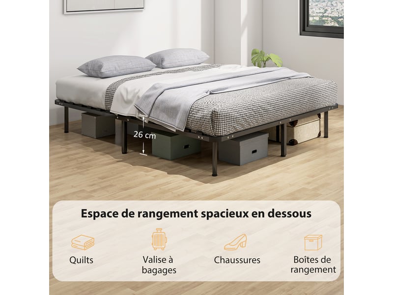  Cadre de lit 160 x 190 cm, lit 2 personnes en bois massif avec sommier à lattes et pied, noir, rangement au-dessous  - Conforama E