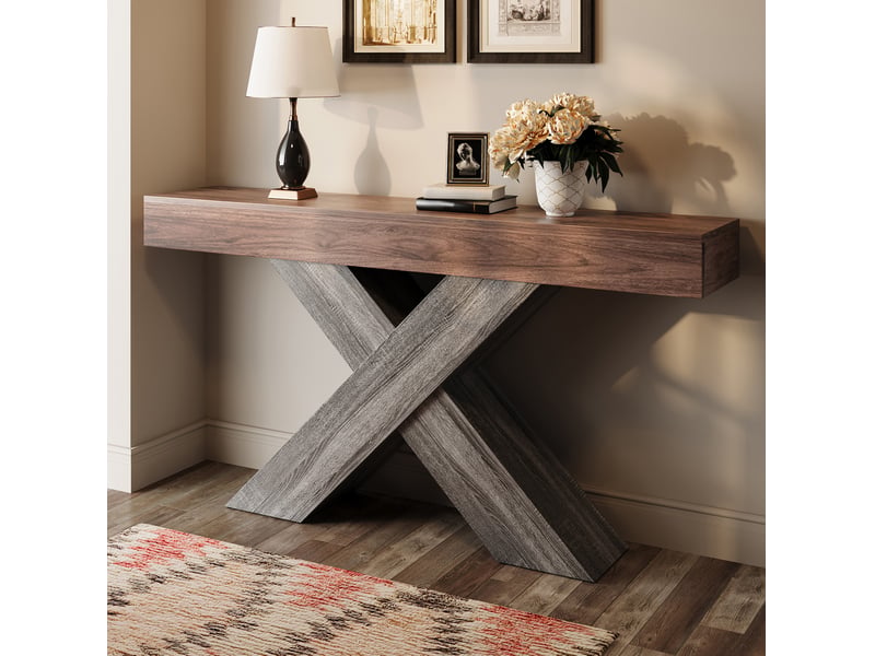  Table console noyer 140 x 30 x 80 cm avec structure croisée en x, plateau épais  - Conforama B