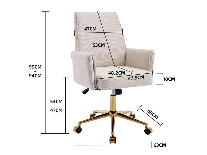 Fauteuil de bureau réglable en hauteur, dos moyen, tissu corduroy blanc et forme ergonomique - Conforama E