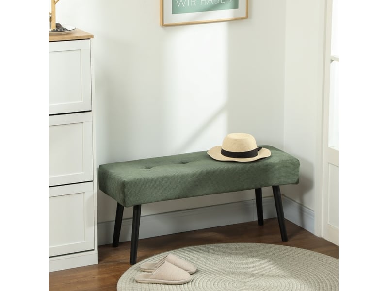 Bout de lit capitonné avec assise rembourrée et pieds en acier, pour chambre ou entrée, velours côtelé vert 100 × 36 × 45 cm - Conforama C