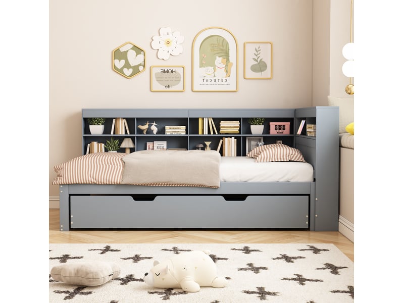  Lit simple 90x200 cm avec lit gigogne, prise usb et rangements, coloris gris  - Conforama D