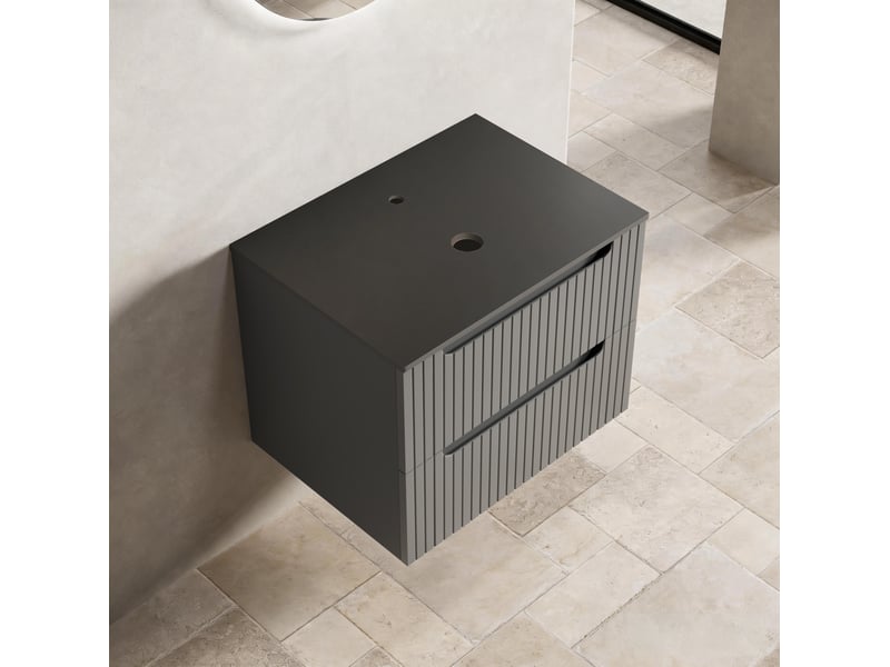 Meuble sous vasque avec 2 tiroirs et plan en pierre frittée moderne pour salle de bain gris foncé 59,5 × 45,5 × 48 cm - Conforama D