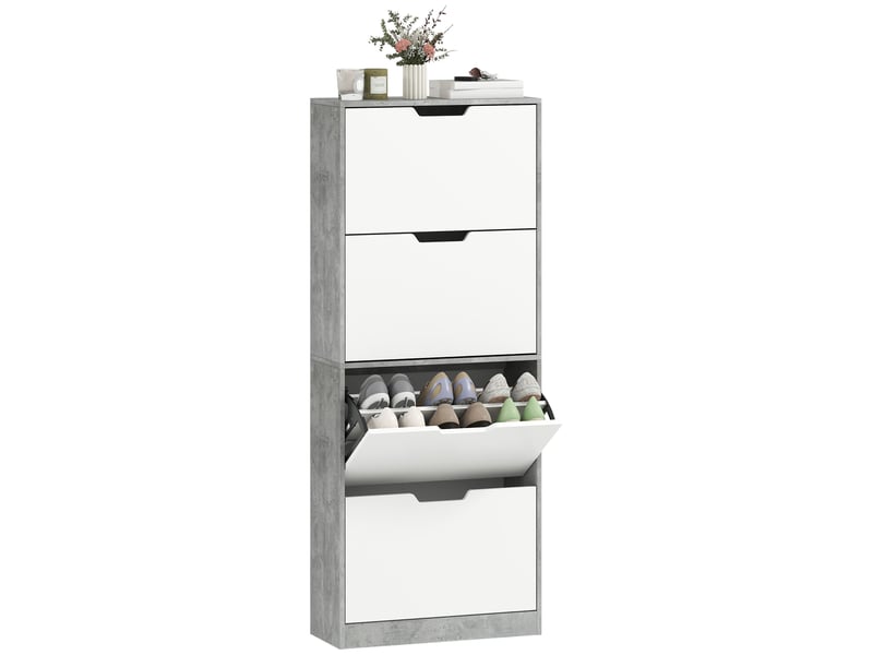  Meuble à chaussures étroit gris béton, 4 portes, 16 paires, 62,5 x 26 x 156 cm  - Conforama A