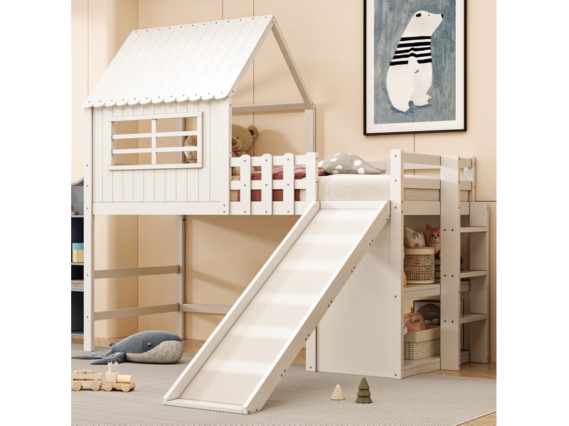  Lit mezzanine enfant 90 x 200 cm blanc avec toit, toboggan, échelle et rangements  - Conforama C
