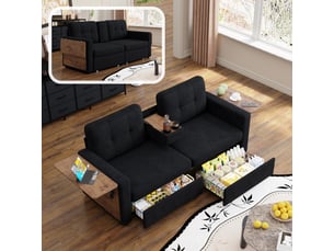 Canapé droit 2 places avec 2 tiroir et assise réglable, table pc et porte-gobelets, canapé de salon moderne en tissu, chenille noir