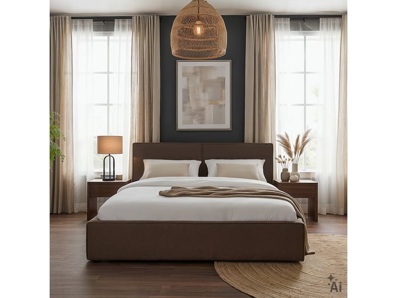  Lit double calm rembourré 160 x 200 cm avec tête de lit en tissu et sommier - grège  - Conforama C