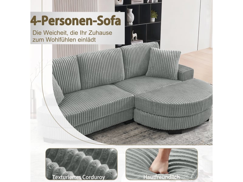  Canapé d'angle, canapé modulable, 4 places, en velours tricoté, gris, 2 coussins inclus, 256,5 x 133,5 x 89 cm, avec pouf  - Conforama C