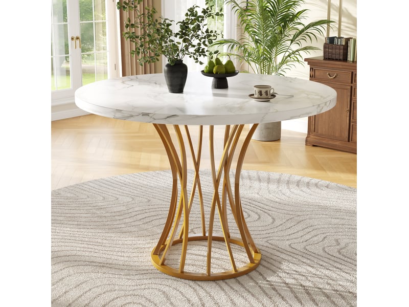  Table ronde 80x80x76cm, pour salon, style géométrique, plateau aspect marbre (non marbre) en mdf, pieds dorés, teinte or  - Conforama B