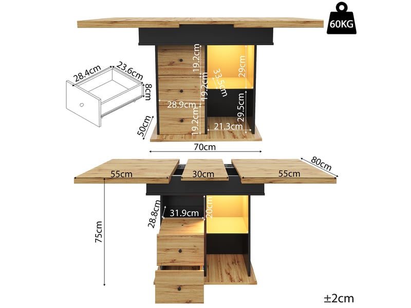  Table de séjour rectangulaire avec allonge naturel+noir - 80x110-140max.cm led mdf table bicolore - Conforama C