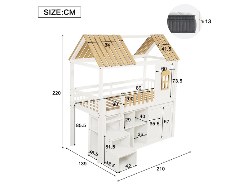  Lit mezzanine enfant simple 90×200 cm avec armoire, étagères et escalier - okmyhome- sans matelas, blanc naturel  - Conforama D
