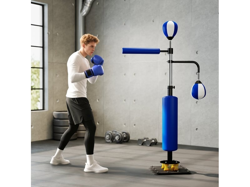 Station de boxe sur pied 107 x 36 x 140-205 cm – bleue – speedballs, barre rotative et pad de frappe - Conforama B