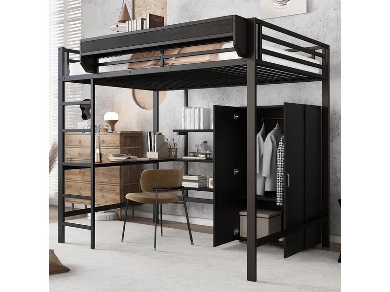  Lit mezzanine noir en métal et mdf 140x200cm avec bureau, double rangement, étagère et armoire intégrée  - Conforama C
