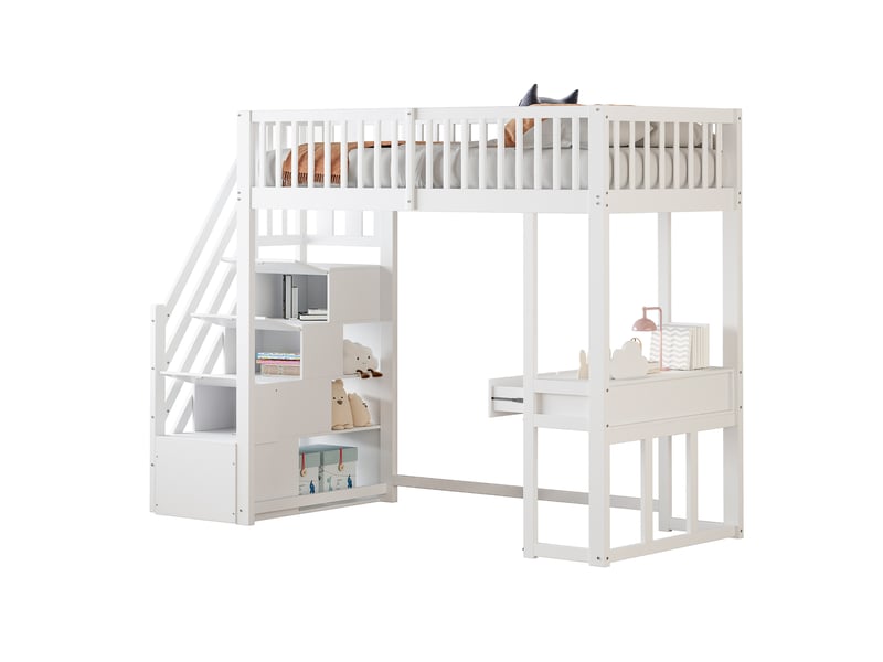  Lit mezzanine 90x200 cm, espace de rangement, avec bureau et escalier de rangement, bois, couleur blanc, sans matelas  - Conforama A