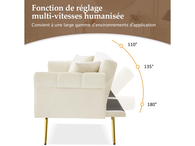  Canapé convertible 2 places velours beige pieds métal doré  - Conforama D