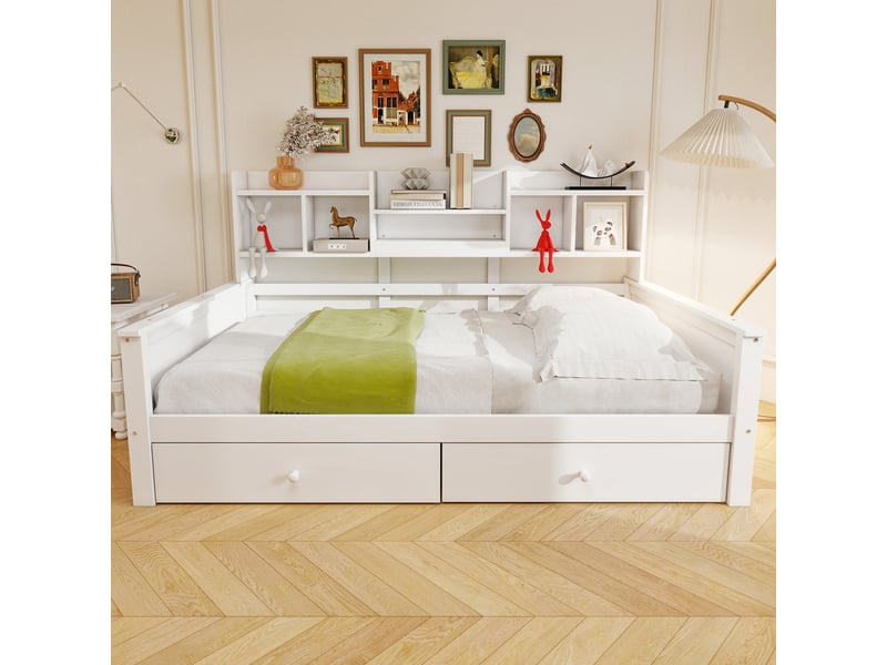 Lit banquette 90x200 en bois massif, lit enfant avec tiroirs et étagères de rangement, canapé-lit multifonction avec sommier inclus, blanc. - Conforama B