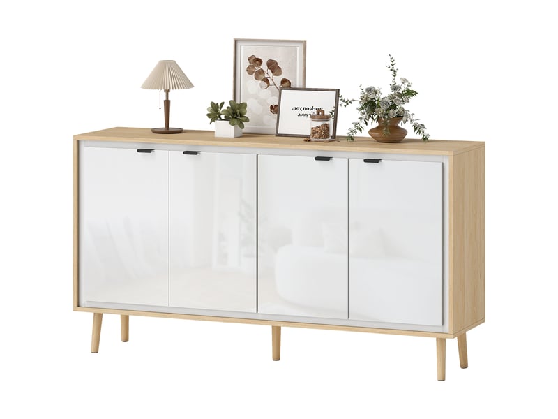 Buffet salon enfilade aosenyunzhou meuble de rangement 4 portes étagères réglables 141x35x77 cm blanc brillant et chêne T1003-01-12629 - Conforama C