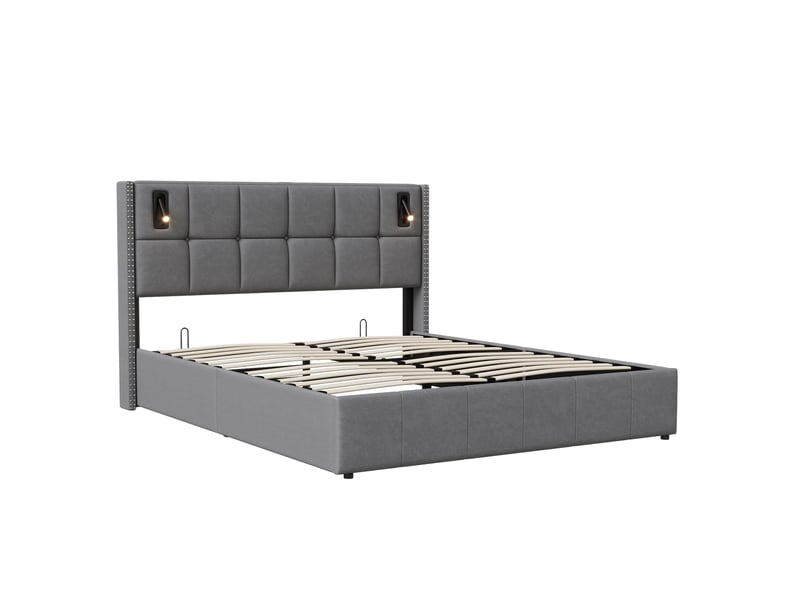  Lit coffre 140x200 cm avec sommier, avec usb et type-c, lit double avec sommier à lattes, gris  - Conforama A