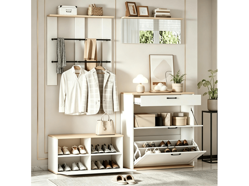  Meuble d'entrée modulable avec miroir, tiroir, 2 portes abattantes et porte-chaussures, blanc, 156 × 36 × 176 cm  - Conforama C