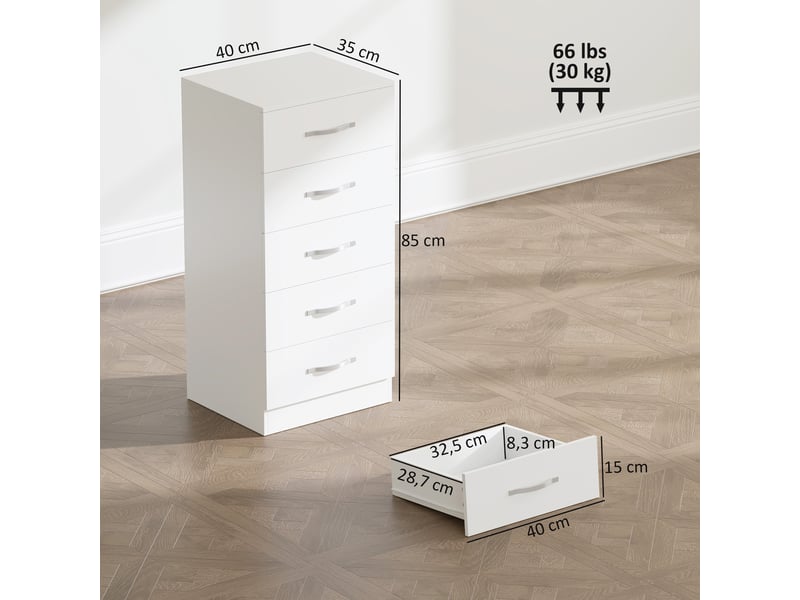  Commode 5 tiroirs en panneau de particules blanc 40 x 35 x 85 cm  - Conforama C