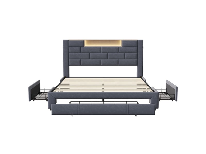  Lit 140x200cm - lit double 160x200cm - lit adulte tête de lit niche avec led et usb type-c et 3 tiroirs de rangement - velours gris  - Conforama A