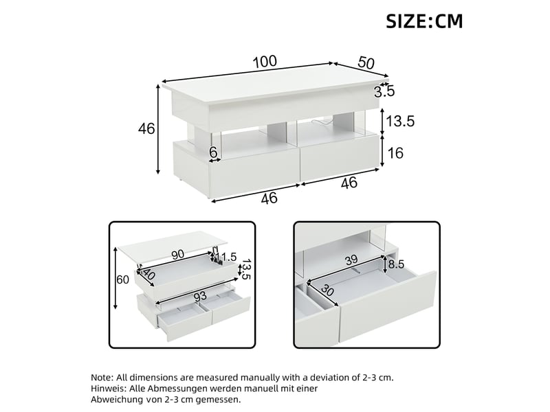  Table basse relevable 100x50x46 cm avec rangement caché et 2 tiroirs, éclairage led, style simple, salon, mdf, blanc  - Conforama C