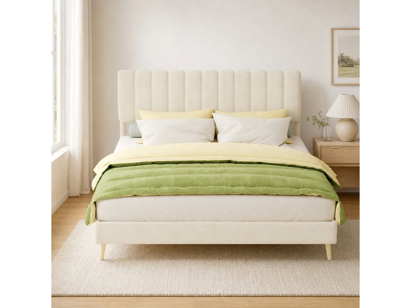  Lit rembourré 160 × 200 cm 2 places avec tête de lit moelleuse, sans matelas, en tissu beige  - Conforama B