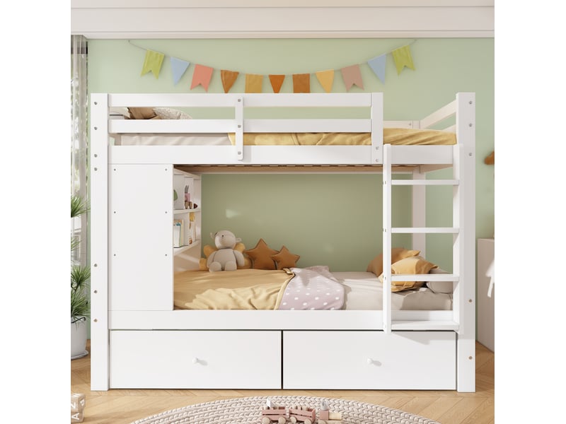  Lit superposé 90x200 cm blanc en bois avec tiroirs, étagère et échelle  - Conforama D