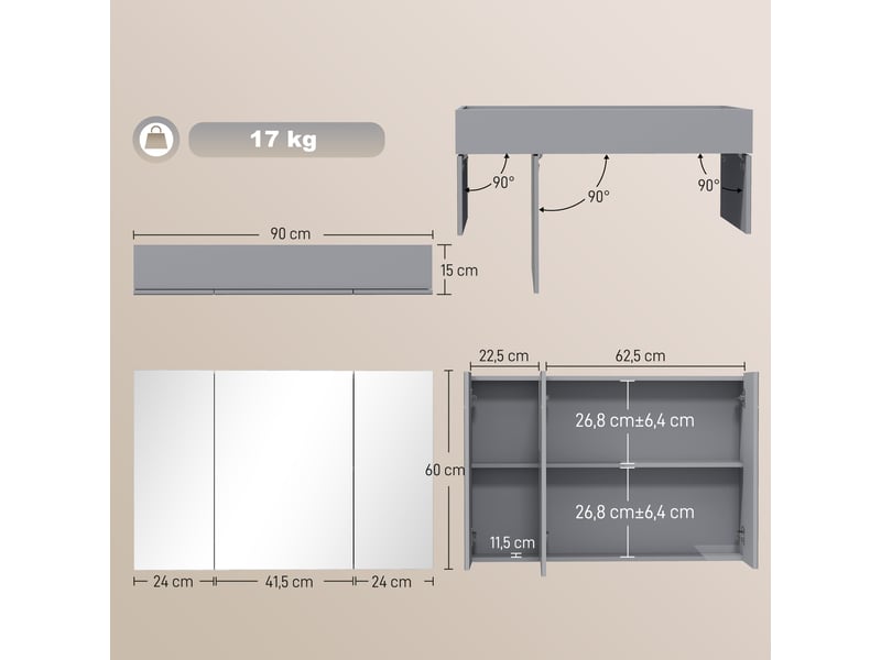  Armoire de toilette avec 3 portes miroir en mdf gris 90x15x60 cm  - Conforama C