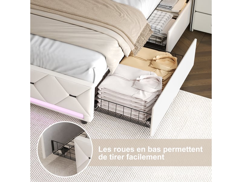  Lit double 160x200 cm,lit capitonné avec led et usb, lit rembourré avec 4 tiroirs de rangement,lit 160x200,velours,beige  - Conforama W