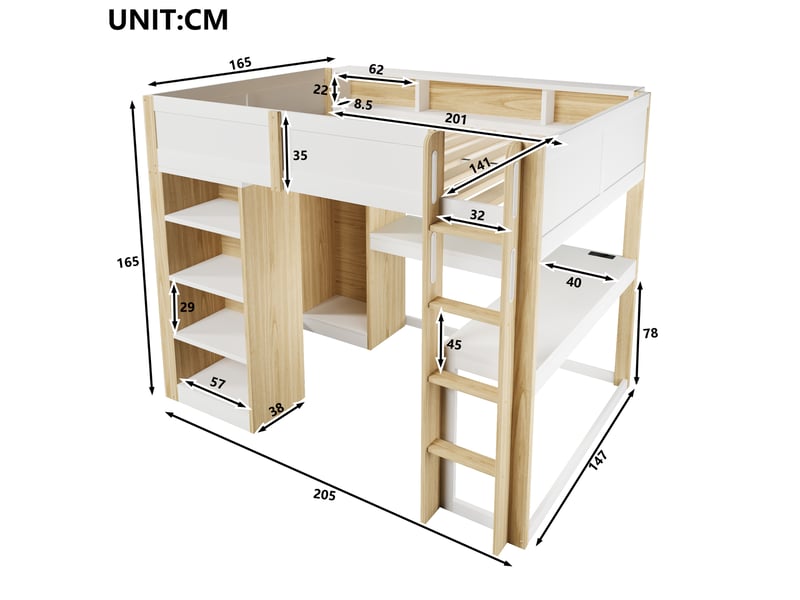  Lit mezzanine 140 x 200 cm avec bureau en l, armoire ouverte et 4 étagères, rangements hauts avec led et station de charge, en bois blanc et naturel  - Conforama E
