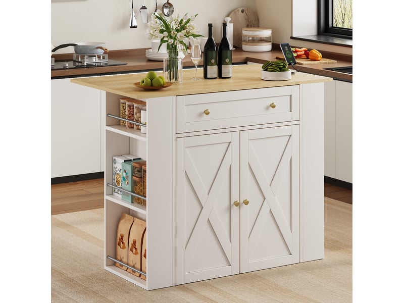  Desserte de cuisine rabattable avec 2 portes, tiroir, étagères et prises pour cuisine, blanc, 120 × 75 × 97 cm  - Conforama C