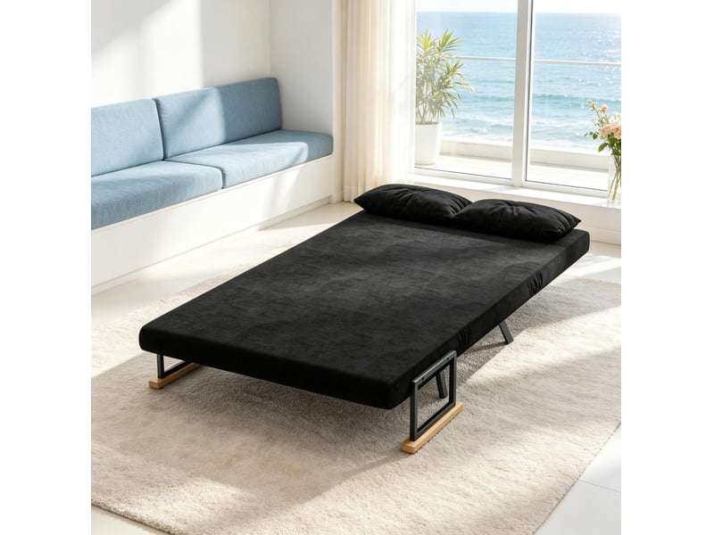  Canapé convertible 2 places 4 en 1 avec dossier réglable sur 5 positions, assise en velours noir et 2 coussins  - Conforama E