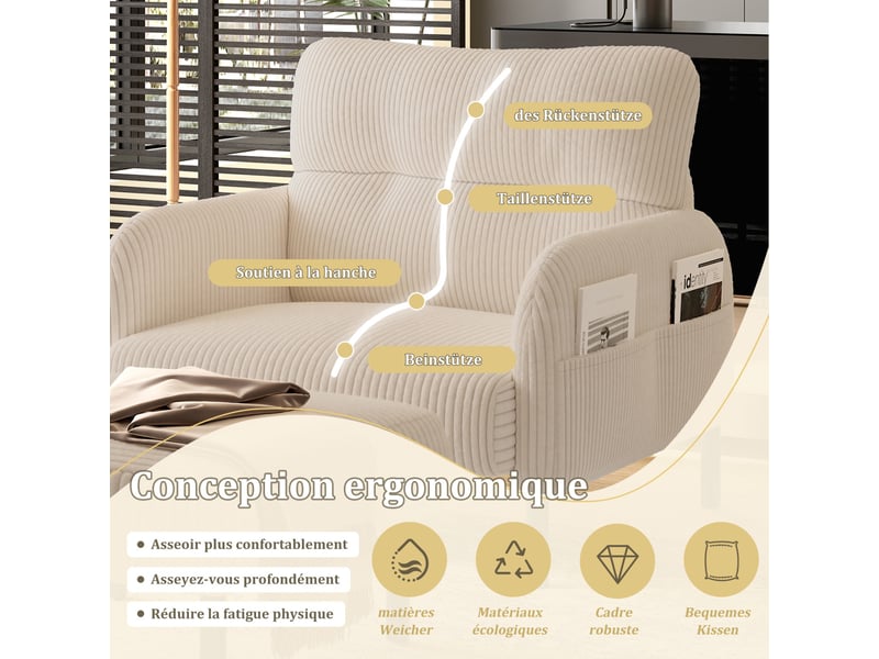  Fauteuil d'accent 67x75x79cm – fauteuil lounge individuel contemporain avec assise profonde et poches latérales double face – velours côtelé - beige  - Conforama E