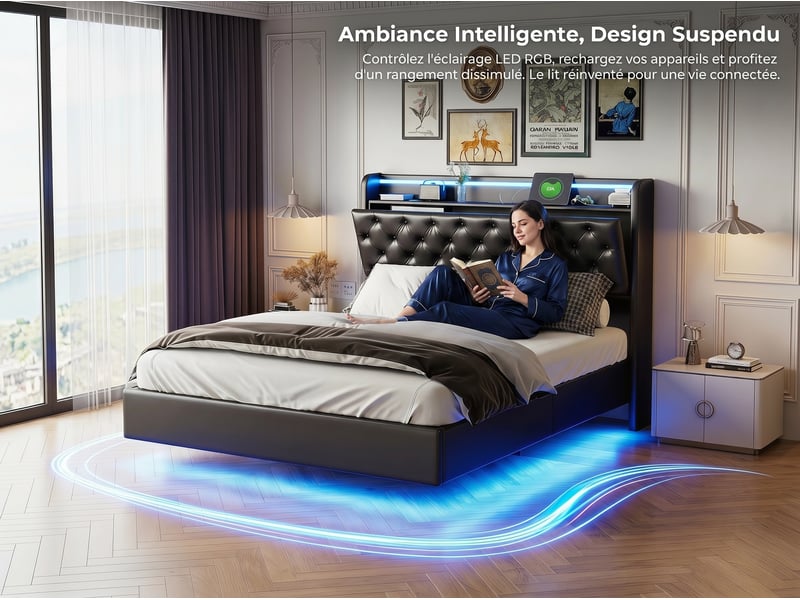  Lit 2 places 160x200 cm en cuir pu noir avec led, usb et rangement hydraulique – sommier suspendu  - Conforama E