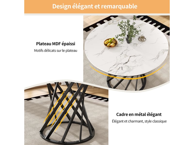  Table de salle à manger en mdf et métal pour 4 personnes 80×80×76 cm blanc et noir  - Conforama C