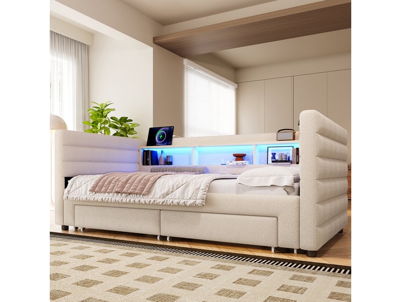  Lit enfant gigogne 90x190 cm avec led, 2 tiroirs, style minimaliste moderne, usb‑c velours beige sans matelas  - Conforama W